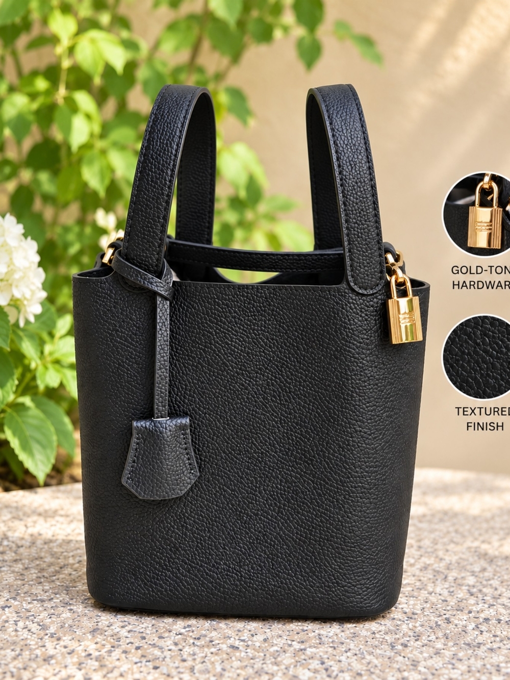 NWOT Minimalist Black Pebbled Texture Bucket Bag, Small